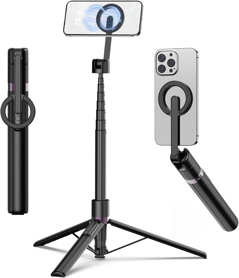 TONEOF 68" Magnetic Selfie Stick Tripod with Aluminum Strong Magnetic Holder for Magsafe, 360° Rotatable Travel Phone Tripod Stand with Metal Ring & Rechargeable Remote for iPhone/Android（Black） - Image 1